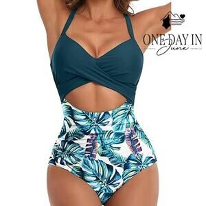 Eomenie Cross Front Cut Out Tie Back One Piece Swimsuit Size XL